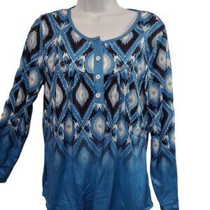Ladies Pretty Turquoise Black & White Design Pull Over Top Size Large